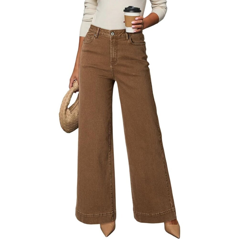 Women's Brown Casual High Waisted Stretch Button Wide Leg Loose Denim Jeans